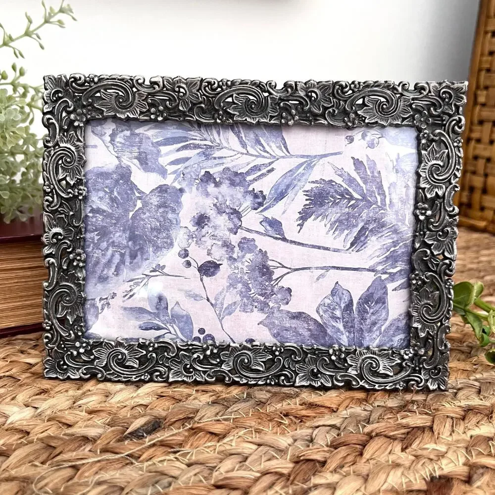 Vintage Pewter Photo Frame Floral Scrolls Ornate Baroque Style Relief Pattern 6